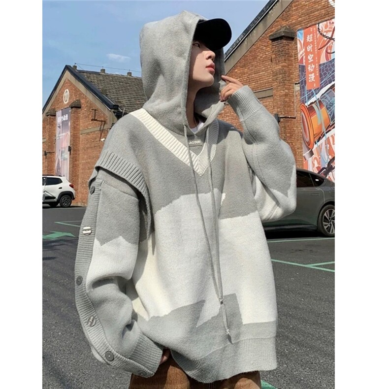 美式复古撞色假两件毛衣针织衫春秋宽松慵懒高级感连帽卫衣外套，男装针织衫/毛衣，星座506A