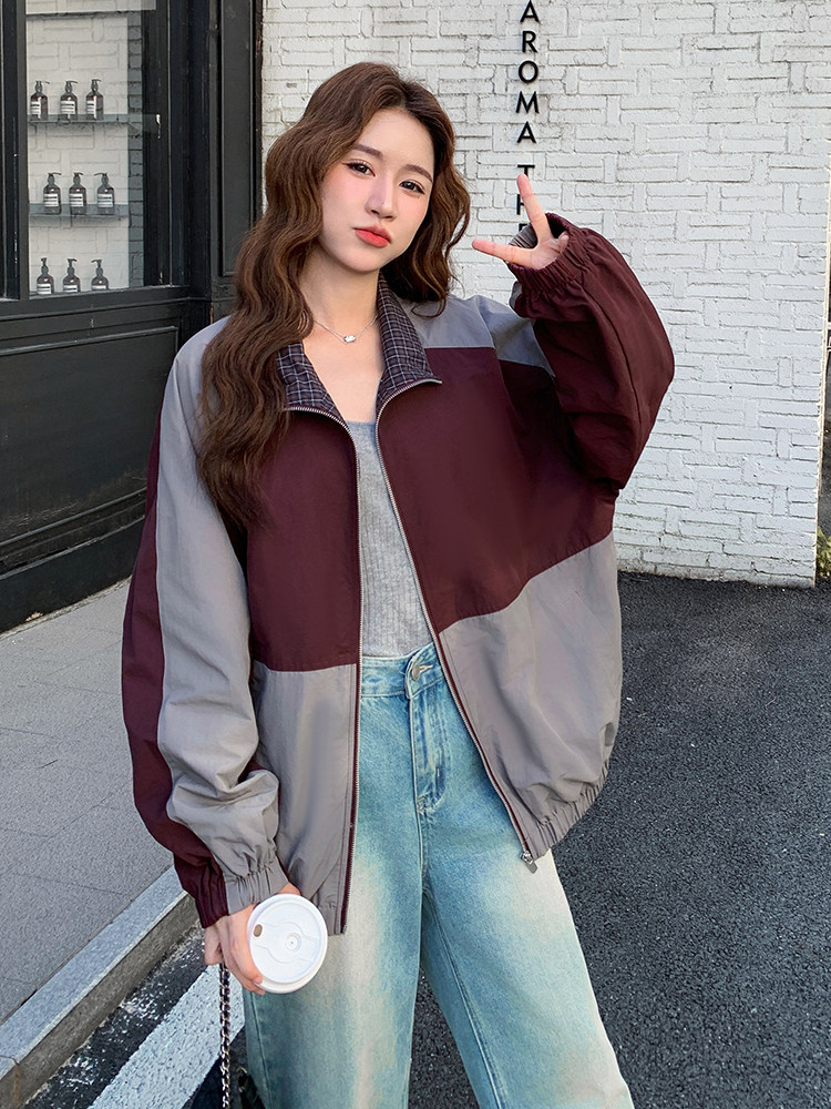 新款现货！格纹领拼色休闲外套6856-P165-K248,女装派克服,2D034