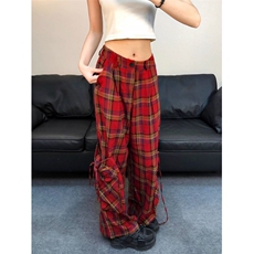 网图片格子红色裤子女2025新款阔腿休闲拖地裤子潮K5873-P43，男装休闲裤，星座412