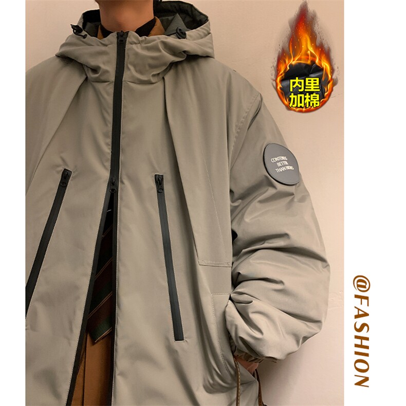 港风双拉链防水纹章连帽棉服男加棉加厚棉衣外套M74-特P105控168,男装棉衣,电商A001