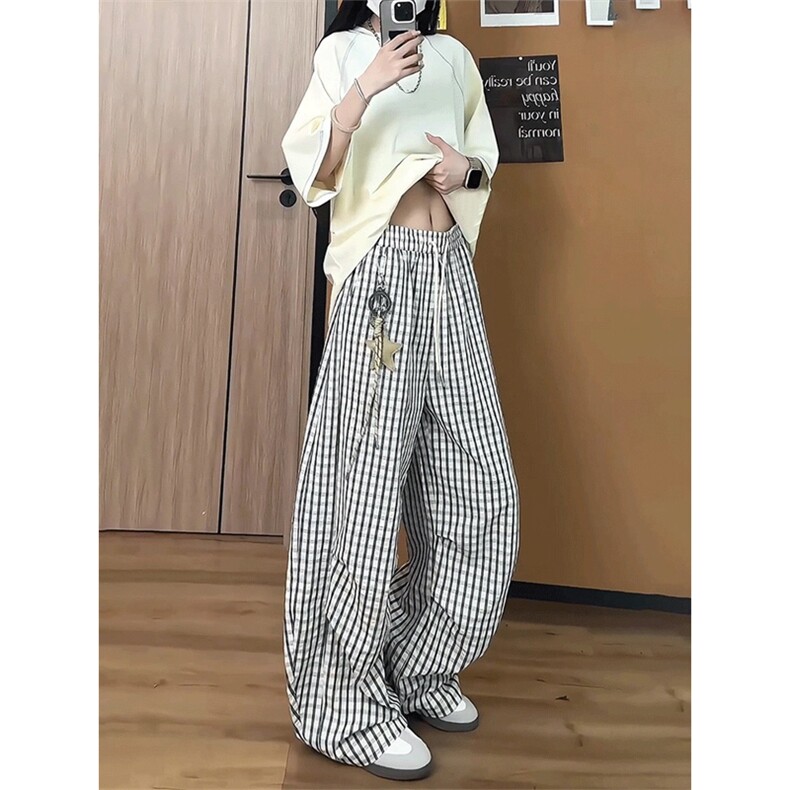 网图有货夏季星星挂饰蓝色格子慵懒休闲垂感直筒裤男女A676-P45,男装休闲裤,星座1505
