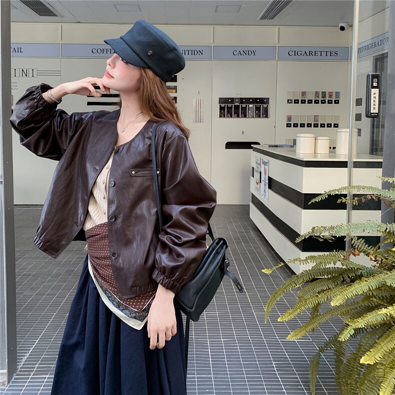 咖色复古高级感短款PU皮衣外套女2025秋季小个子时尚休闲圆领夹克,女装短外套,2C201