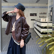 咖色复古高级感短款PU皮衣外套女2025秋季小个子时尚休闲圆领夹克，女装短外套，2C201