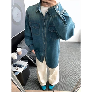 美式复古蓝色牛仔衬衫男女2025春秋冬季新款长袖夹克外套图片