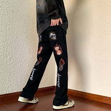 美式高街刺绣微喇牛仔裤男女显瘦嘻哈潮牌宽松直筒长裤N2209-p55，男装牛仔裤，星座1008-1