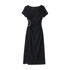 【现货】黑色连衣裙女夏季抽褶镶钻礼服裙1C115-6219-P120-K268图片