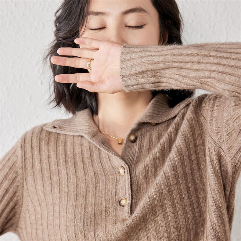 2025年秋季新款百搭女士长袖翻领针织衫,针织衫/毛衣,春贝羊绒