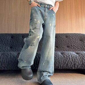 美式高街泼漆涂鸦阔腿牛仔裤男女夏季做旧废土风拖地裤A6084-P55