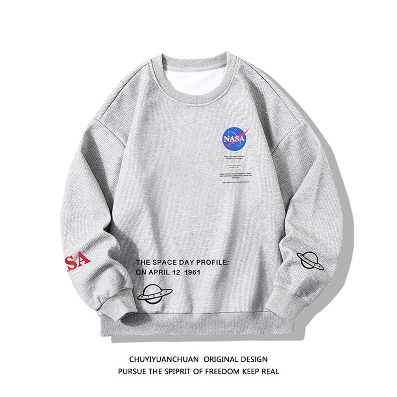 NASA华夫格卫衣圆领卫衣长袖t恤男外套白底HW76243-P30加绒款P40,男装卫衣,电商A040A