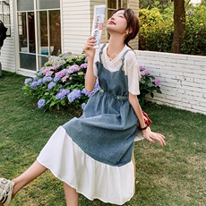 牛仔拼接假两件连衣裙女夏季2025新款独特设计感收腰显瘦A字长裙，女装连衣裙，2C032