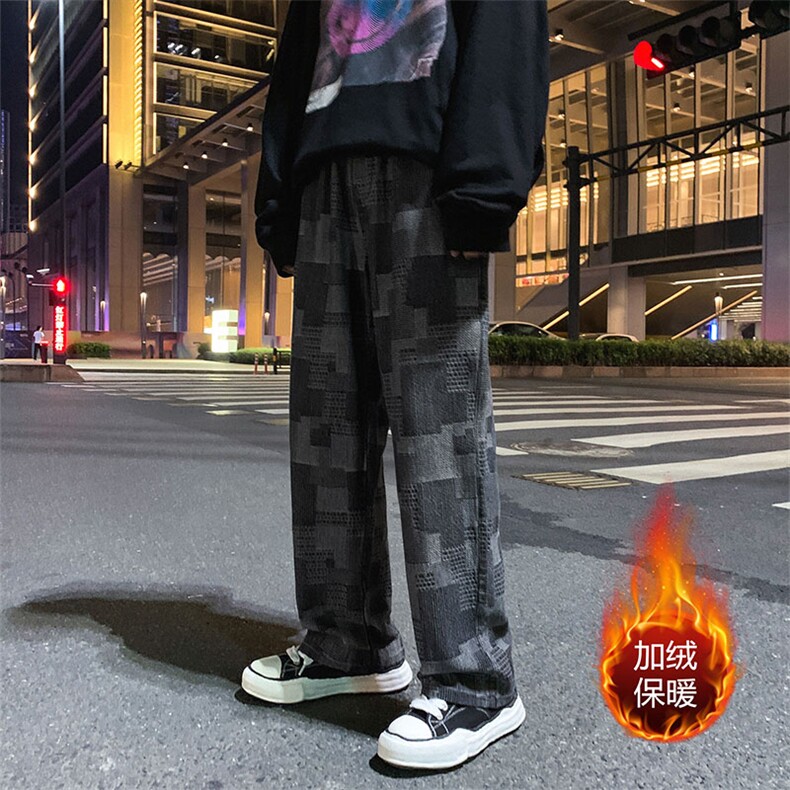 2023加绒加厚现货高街少年大码宽松直筒拖地裤K6960J-P65,男装牛仔裤,电商A042
