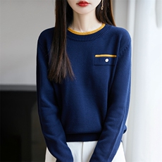 2025新款秋季小衫100%纯棉线针织衫女上衣长袖洋气遮肚拼色妈妈装，女装针织衫/毛衣，长今羊