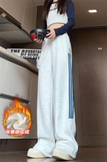 白花灰条纹卫裤男秋冬季加绒美式复古潮牌直筒裤青少年大码休闲裤，男装休闲裤，电商A001-1