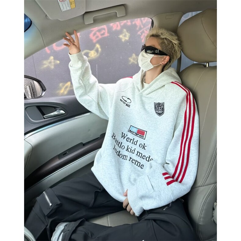 徽章织带连帽卫衣男女秋冬美式复古运动情侣帽衫外套 WY8053图片