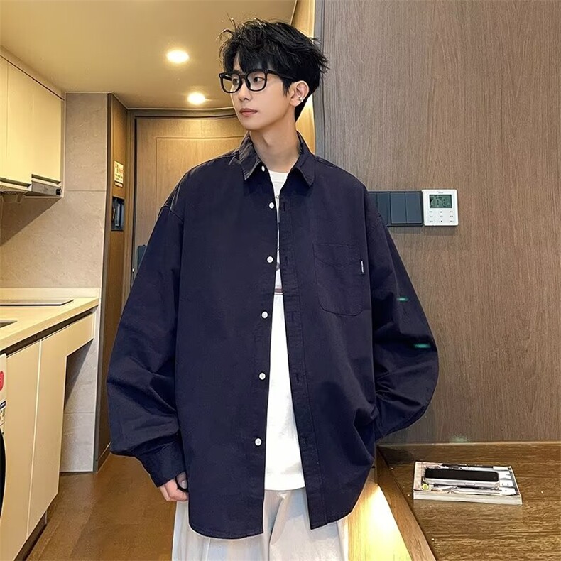 2024新款日系宽松垂感纯色衬衫复古简约长袖衬衣现货W8348-P32,男装衬衫,星座512-4