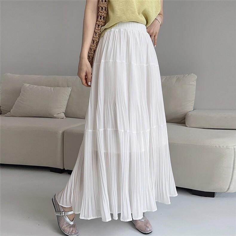 白色压褶半身裙女春夏新高腰超长款过膝齐踝大摆a字长裙气质慵懒，女装半身裙，缘衣格