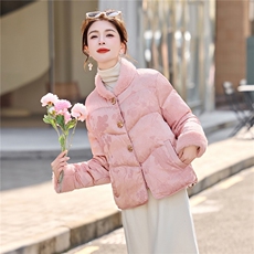 新中式guo风2025年冬季新款拼环保毛暗纹提花高级感小花扣棉衣，女装棉衣/棉服，乐吉娜