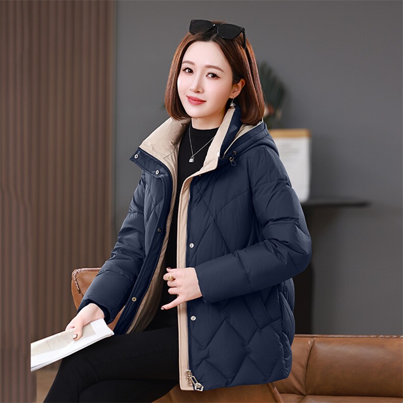 2025年冬装新款撞色连帽中长款棉衣外套女，女装棉衣/棉服，雪樱依海