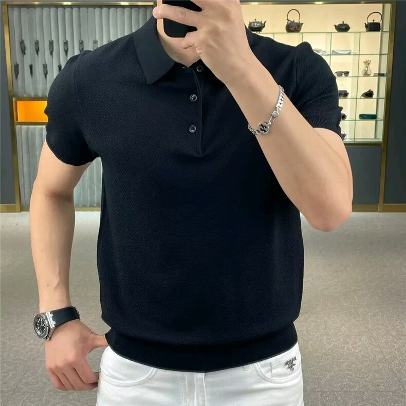 2025男士夏季冰丝POLO衫短袖t恤伊力特针织新款个性纯色简约翻领,女装T恤,电商B212（原钱塘6029）
