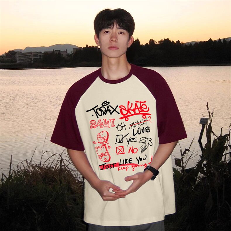 抖音得物高品质二开240克宽松纯棉美式潮牌插肩袖拼接短袖T恤,男装T恤,电商A486