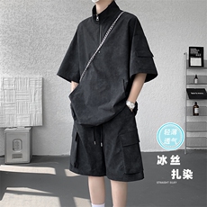 特批P55无差价夏季百搭半拉链扎染凉感冰丝大码两件套套装TZ5366，男装休闲套装，电商A001