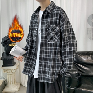 加绒衬衫男冬季新款港风宽松大码加厚磨毛格子长袖衬衣JR37-特P40图片