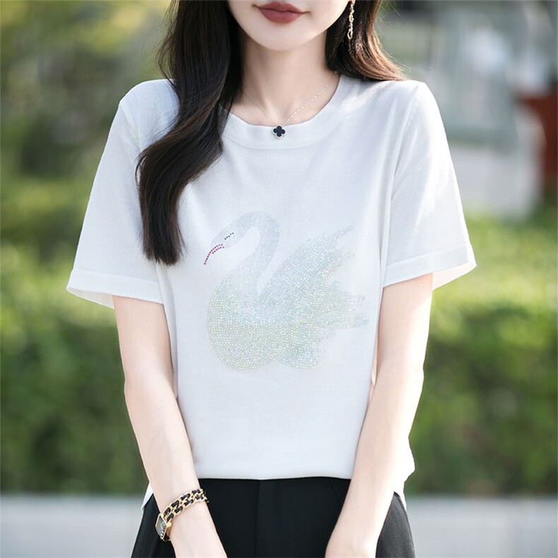 凉感竹节麻圆领镶钻短袖T恤女2025年新款夏季薄款打底衫半袖体恤图片