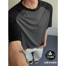 特批P22无差价夏季冰感冰丝痞帅插肩拼接宽松五分短袖T恤男T5135，男装T恤，电商A001-1