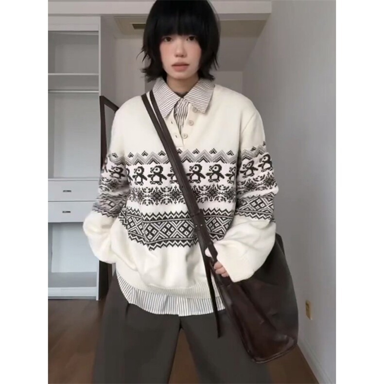 重磅秋冬装北极绒套头毛衣美式复古休闲慵懒风提花工艺针织衫外套,男装针织衫/毛衣,电商A486
