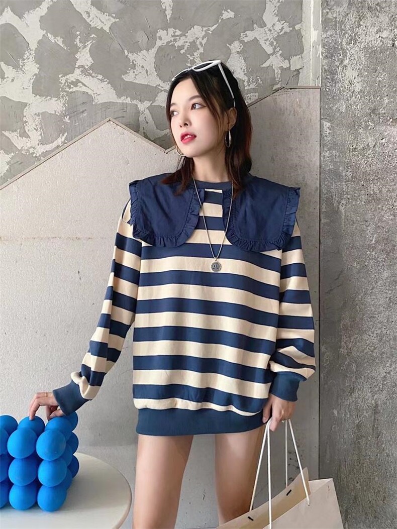 爱美欧现货条纹大领子卫衣，女装卫衣/绒衫，爱美欧