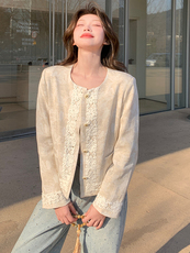 高级感小香风蕾丝花边短外套女春季款上新洋气国风圆领单排扣上衣，女装短外套，浙宝208A