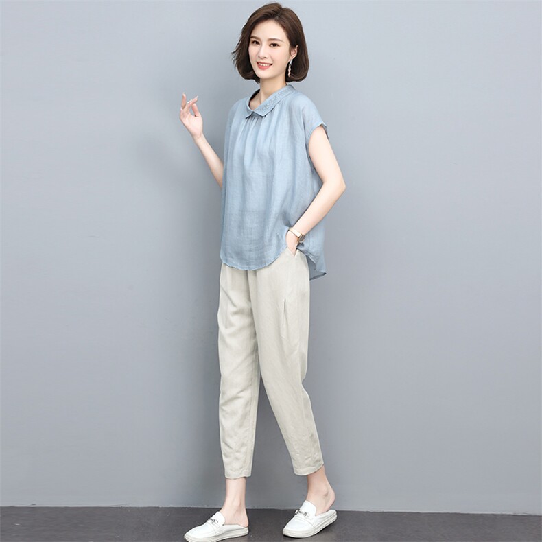2022年夏装新款苎麻刺绣T恤衬衫女棉麻宽松九分裤套装,女装套装/套裙,忆绮罗