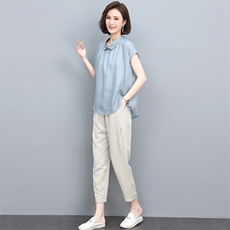 2022年夏装新款苎麻刺绣T恤衬衫女棉麻宽松九分裤套装，女装套装/套裙，忆绮罗