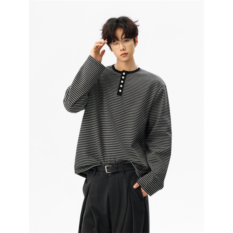 W11129-P48网图现货春季新款宽松条纹撞色长袖T恤百搭打底衫，男装T恤，星座1608