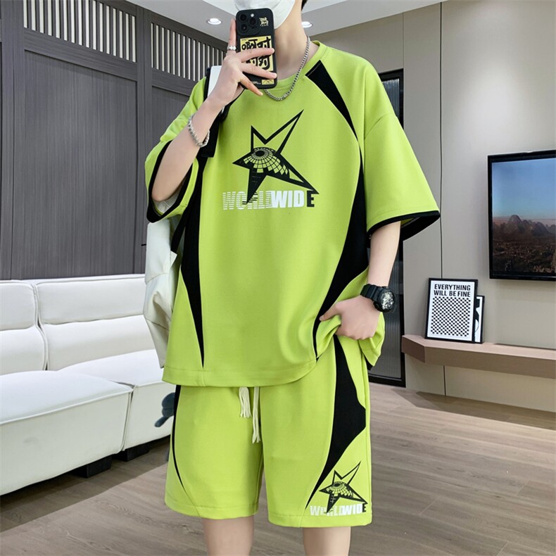 休闲运动套装夏季宽松阔版青少年学生短袖短裤一套A436-T68-P50,男装休闲套装,电商A436