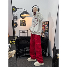 美式ins高街hiphop宽松直筒多口袋工装裤纽扣装饰货号k646P65，男装休闲裤，电商A063