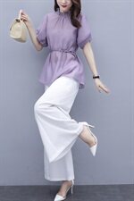 芷墨夏装新款时尚复古显示法式收腰上衣棉麻阔腿裤套装，女装套装/套裙，芷墨服饰