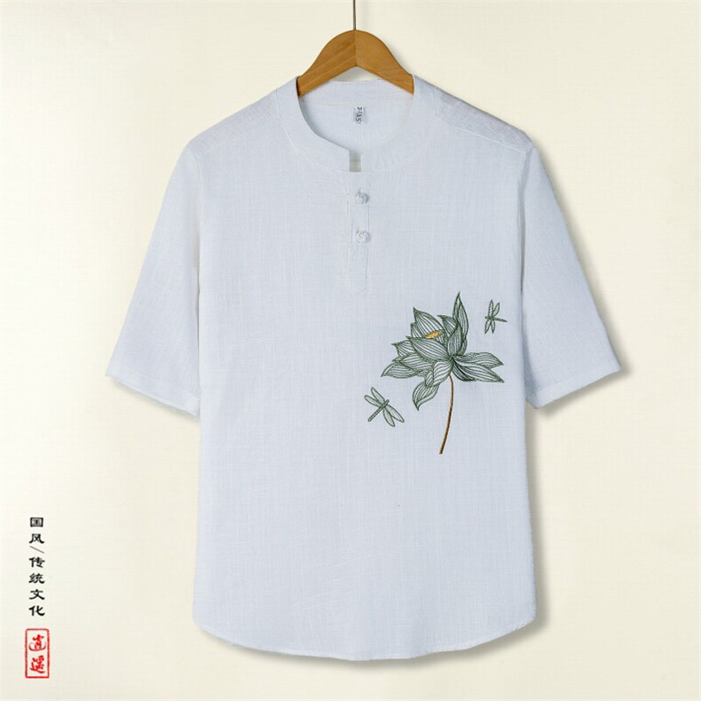 25年现货亚麻荷花刺绣五分袖男透气半袖盘扣风大码T恤T512P55图片