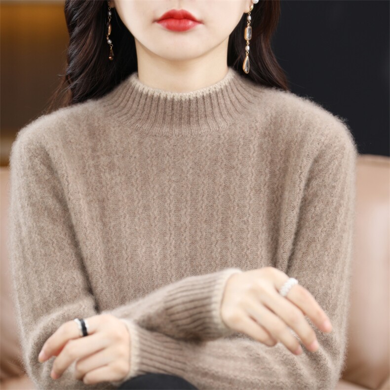 秋冬新款纯羊毛衫女半高领坑条针织打底衫宽松百搭套头加厚羊绒衫,女装羊毛衫,琳华羊绒
