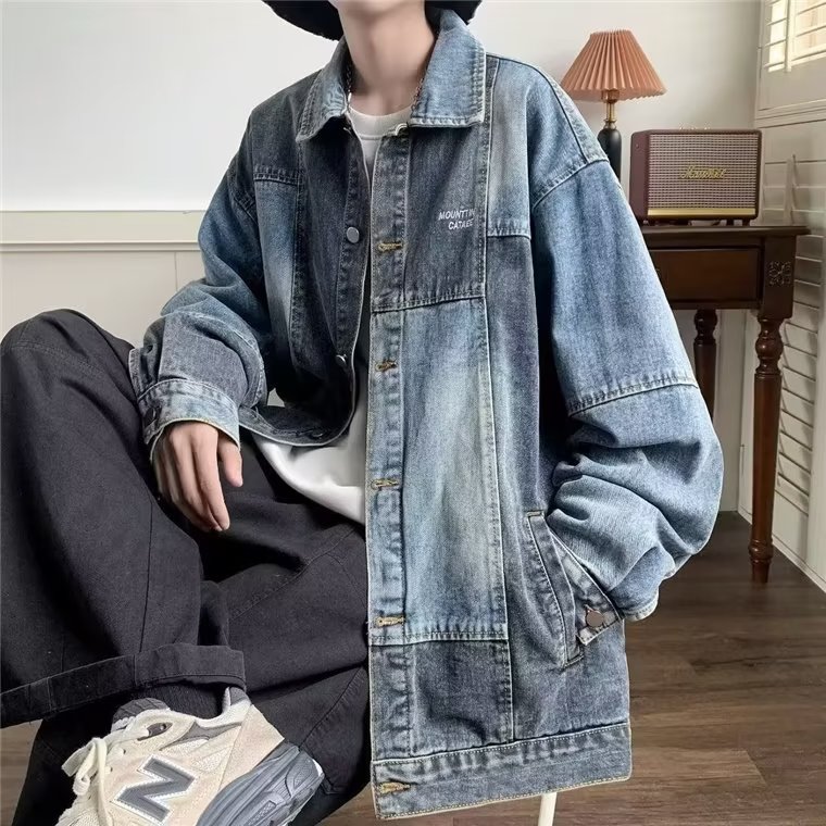 春秋新款日系复古撞色拼接牛仔外套男潮牌宽松翻领水洗休闲夹克潮,男装工装外套,星座715-4