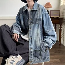 春秋新款日系复古撞色拼接牛仔外套男潮牌宽松翻领水洗休闲夹克潮，男装工装外套，星座715-4
