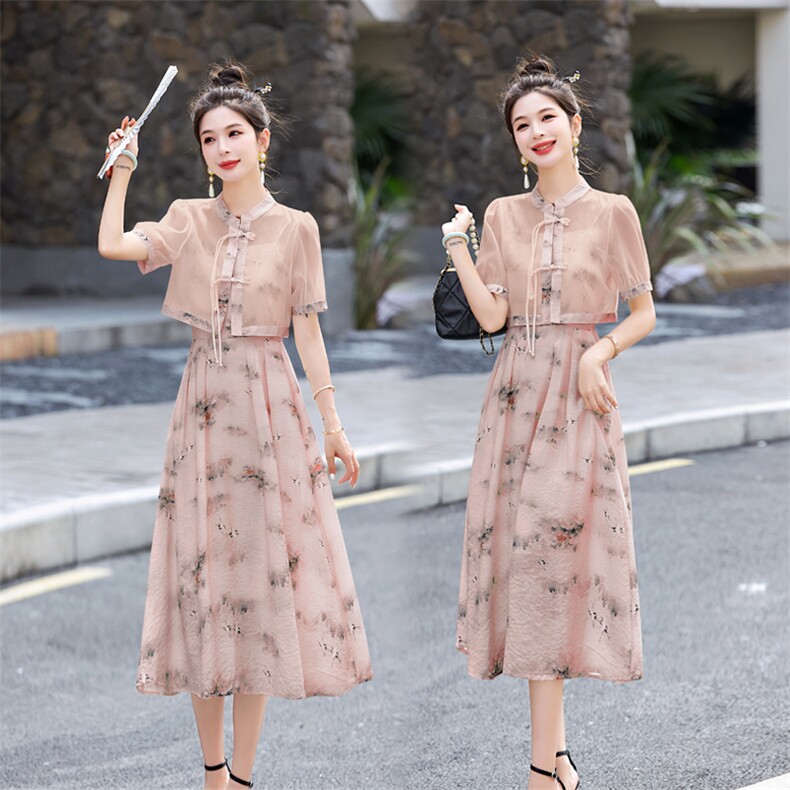 新中式盘扣印花连衣裙两件套女2026年夏新款修身显瘦复古长裙子，女装连衣裙，兰菲阁