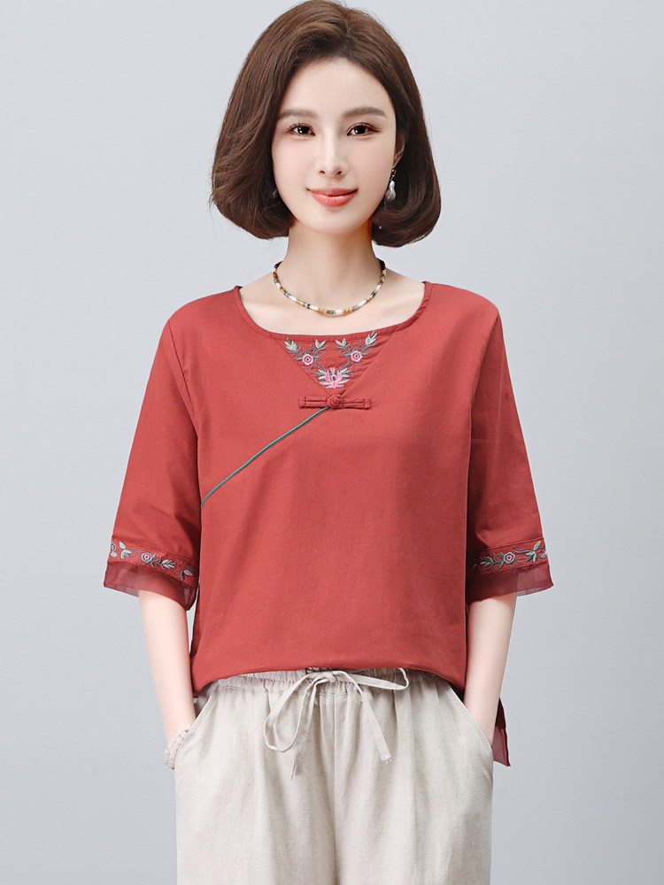 长期有货时尚休闲女2026新款韩版夏季短袖宽松棉麻苎麻复古风洋气,女装衬衫,璐依舞