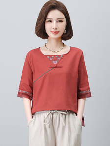 长期有货时尚休闲女2026新款韩版夏季短袖宽松棉麻苎麻复古风洋气图片