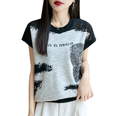 夏季新款14针竹节麻字母拼色短袖女修身显瘦百搭时尚休闲上衣，女装T恤，贵皇网供仓