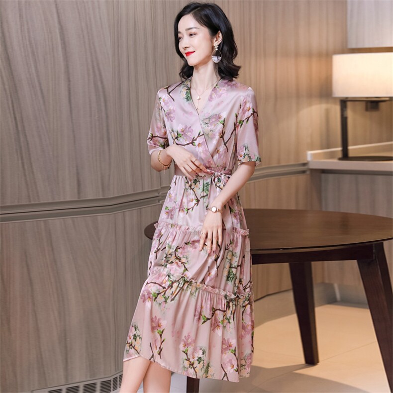 重磅真丝连衣裙女裙子夏装v领收腰系带短袖桑蚕丝中长裙印花显瘦,女装连衣裙,阿舍尔精品