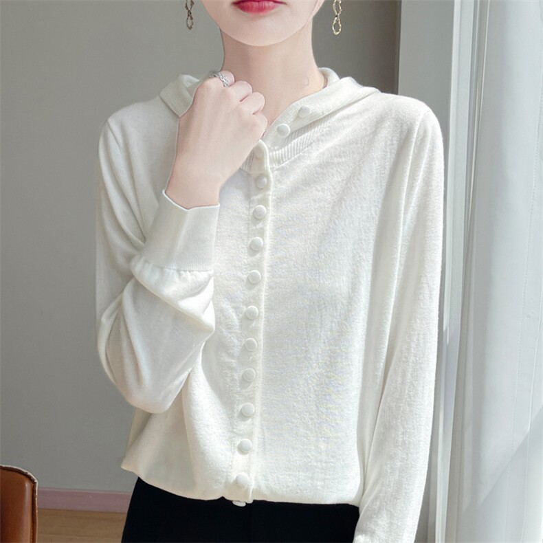 秋冬连帽精纺羊毛针织衫女坑条纽扣长袖帽衫宽松休闲百搭纽扣帽衫，女装针织衫/毛衣，凯思米羊绒
