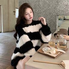 新款中长款毛茸茸套头毛衣外套2024秋冬女慵懒条纹针织上衣，男装针织衫/毛衣，星座506A