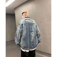 复古水洗做旧牛仔外套男春秋季潮牌美式高街痞帅工装夹克宽松上衣，男装夹克，星座410-7