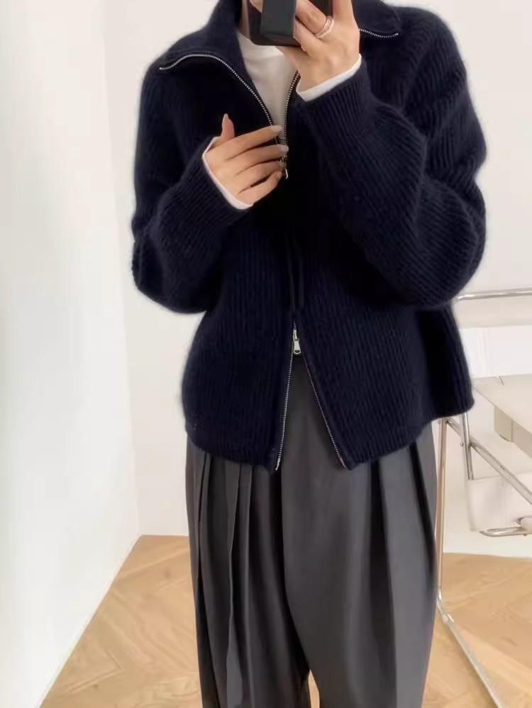 老钱风双拉链羊毛针织开衫女加厚宽松慵懒风翻领羊绒毛衣外套百搭图片